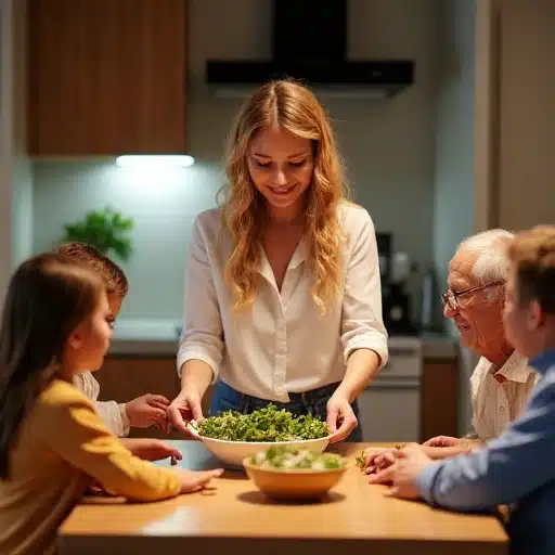 A cozy family dinner scene in a modern kitchen. A smiling woman with long curly blonde hair, wearing a white shirt, is passing a bowl of fresh salad at a wooden dining table. She is surrounded by family members of different ages—children, parents, and grandparents—sharing a warm, joyful meal. The kitchen features soft lighting, wooden cabinets, and a candle on the table, creating a friendly, homey atmosphere.
