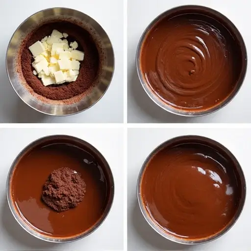 mixing cocoa and butter for cosmic brownie cake