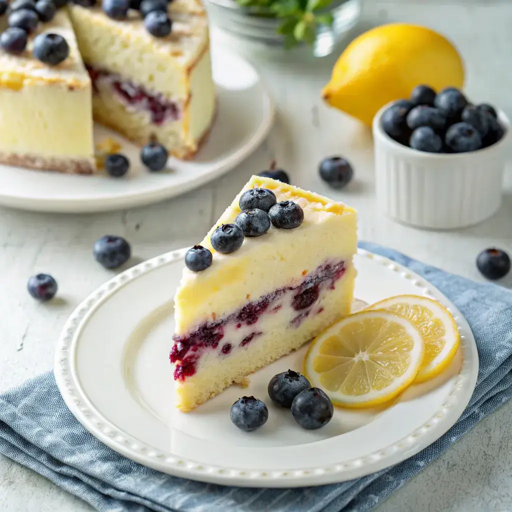 serving lemon blueberry mascarpone cake with mint garnish