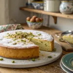 Pistachio Ricotta Cake freshly baked with powdered sugar on top