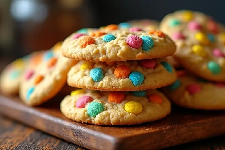 Fruity Pebbles Cookies stacked fresh from the oven