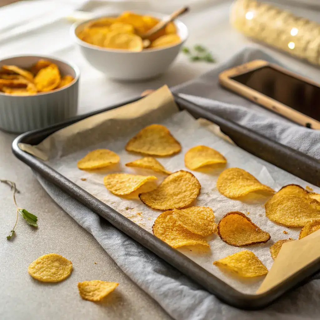 Homemade turmeric crisps on tray
