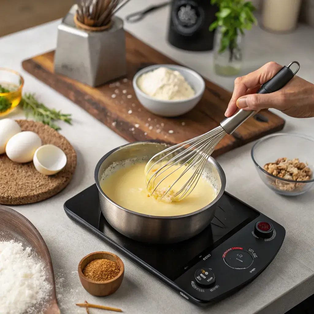 preparing coconut pastry cream on stove