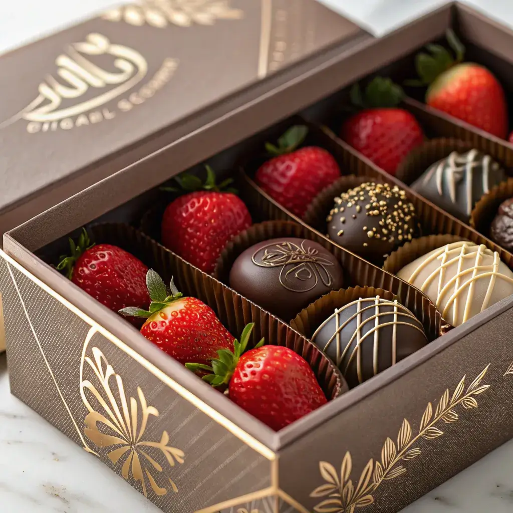 Strawberry Dubai chocolate box close-up.