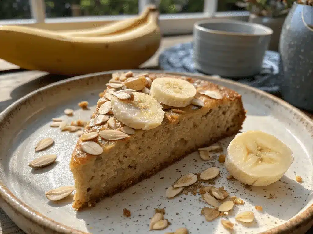 Moist banana and almond meal cake on a plate