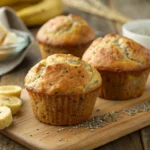 fresh banana and chia muffins on rustic background