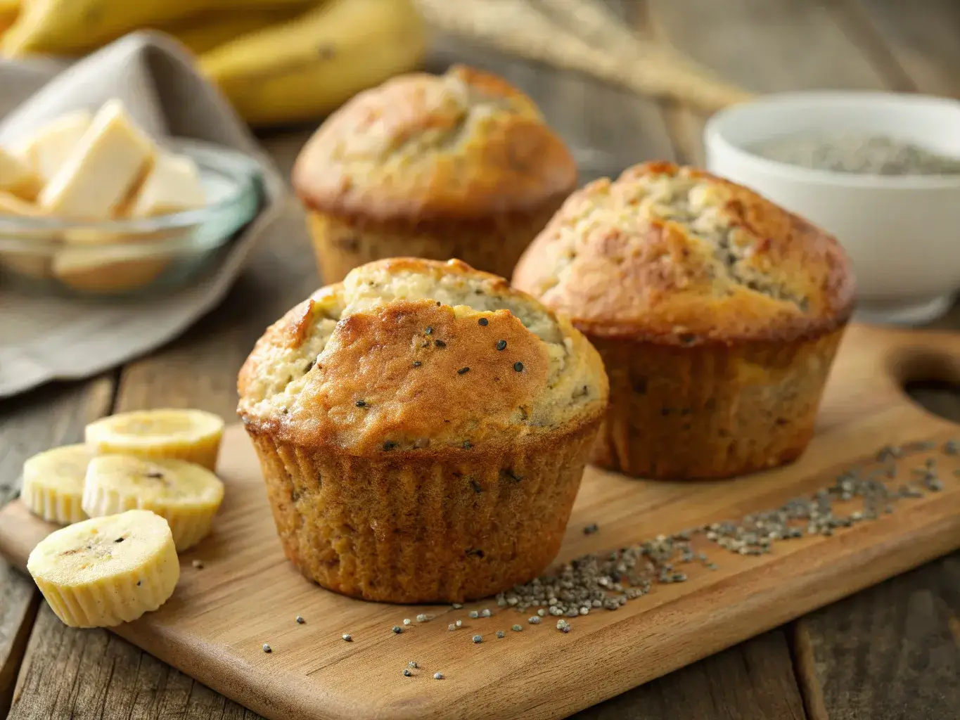 fresh banana and chia muffins on rustic background