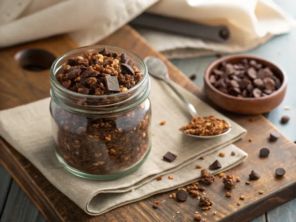Dark chocolate granola in a jar