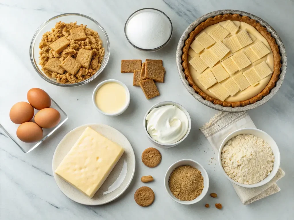 Ingredients for Dolly Parton peanut butter pie on kitchen counter