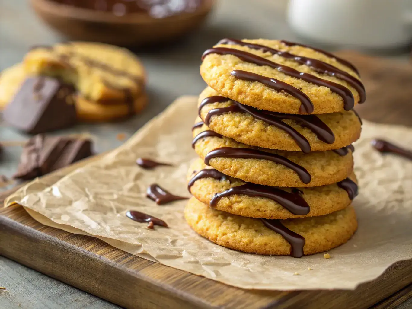 drizzle chocolate cookies stacked with shiny chocolate topping