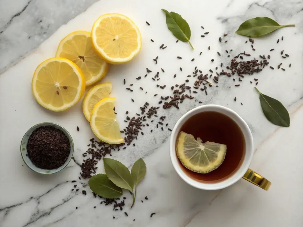 Earl Grey tea leaves with lemon slices