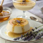 Garnished Earl Grey Panna Cotta with honey and lavender