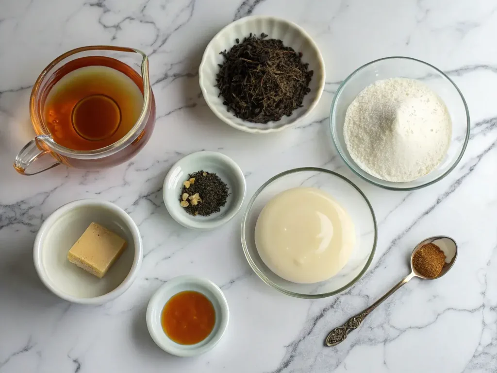 Ingredients for Earl Grey Panna Cotta on marble counter