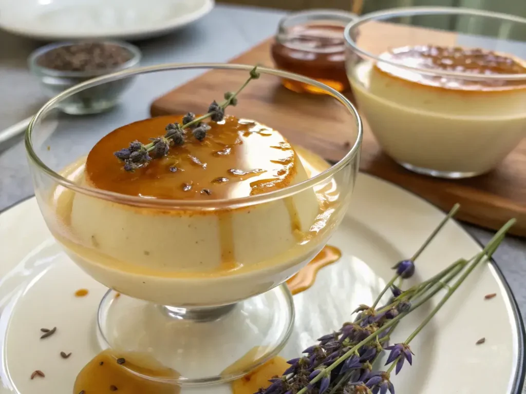 Garnished Earl Grey Panna Cotta with honey and lavender