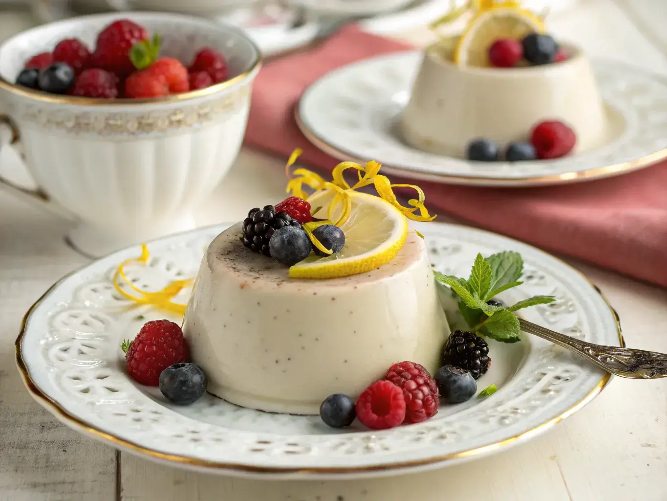 Earl Grey Panna Cotta served in teacup with lemon zest and berries