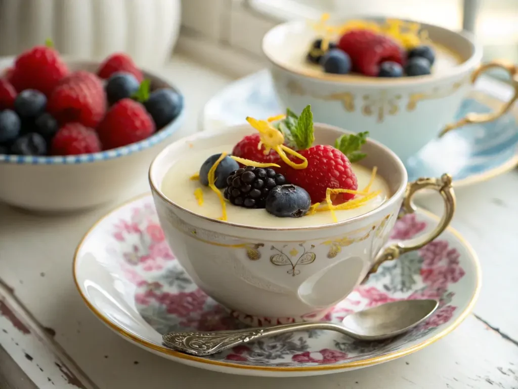 Earl Grey Panna Cotta served in teacup with lemon zest and berries