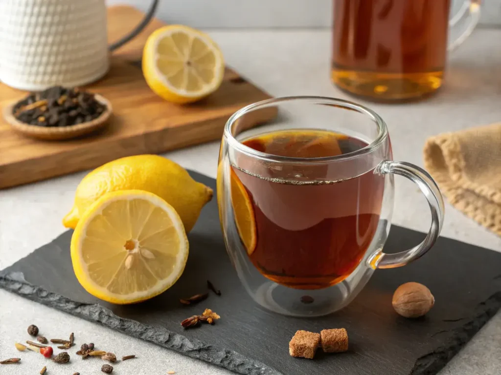 Earl Grey with Lemon slice on wooden table
