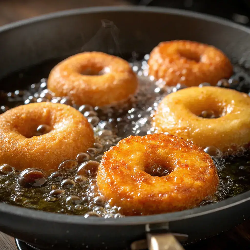 Frying gluten-free mochi donuts in oil