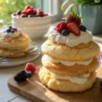 gluten-free cloud bread dessert topped with cream and fruit