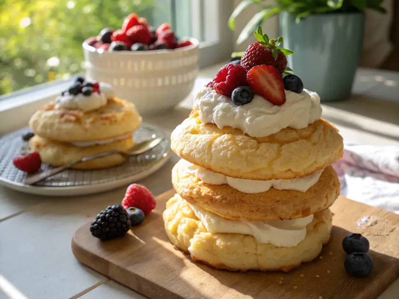 gluten-free cloud bread dessert topped with cream and fruit