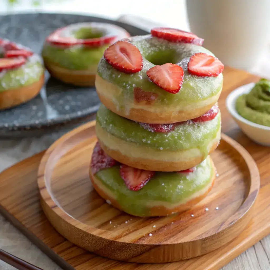 A plate of gluten-free mochi donuts with colorful matcha and strawberry glaze, arranged for a photo-worthy finish.