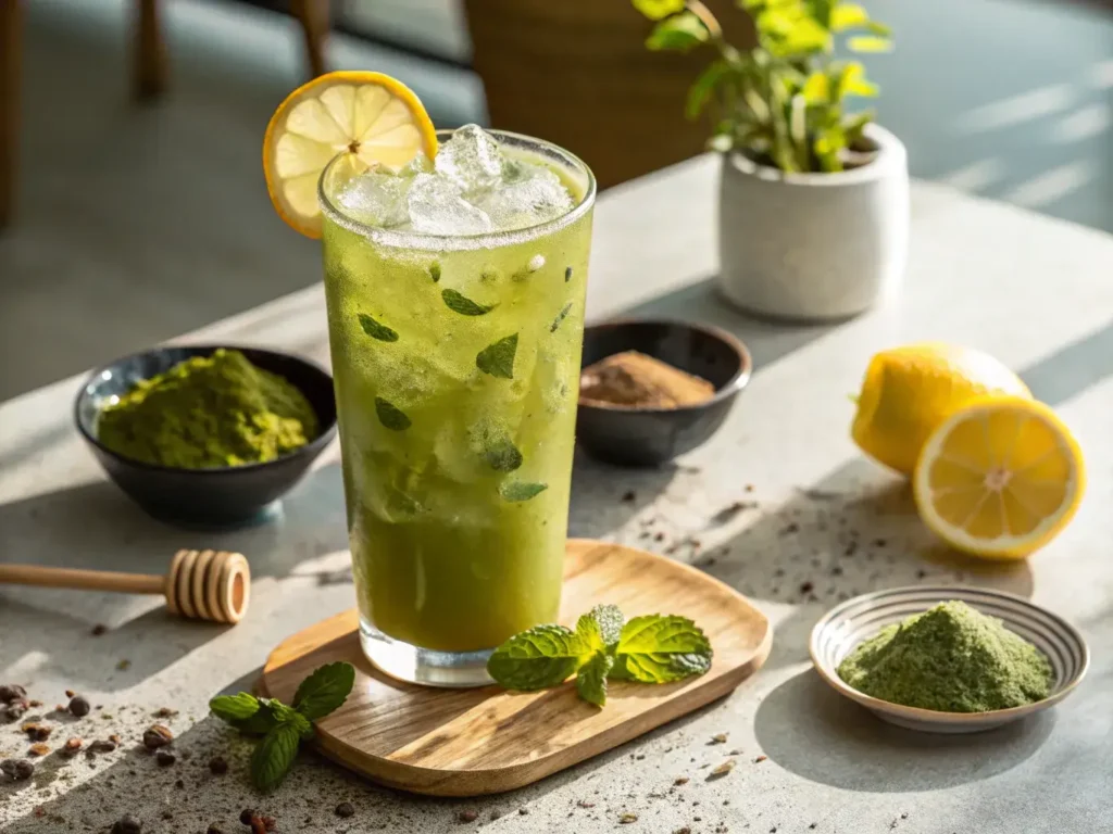 Iced version of matcha Earl Grey with a citrus twist
