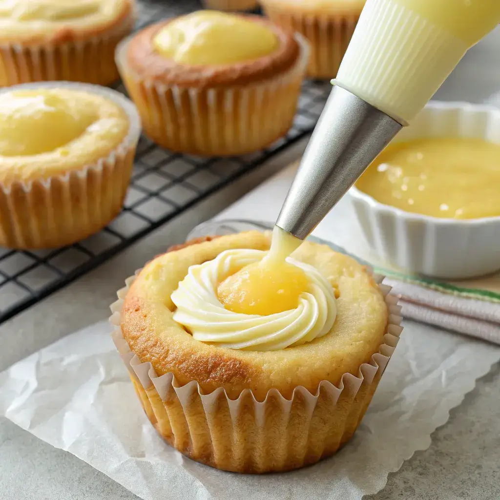 filling lemon cupcake with lemon curd