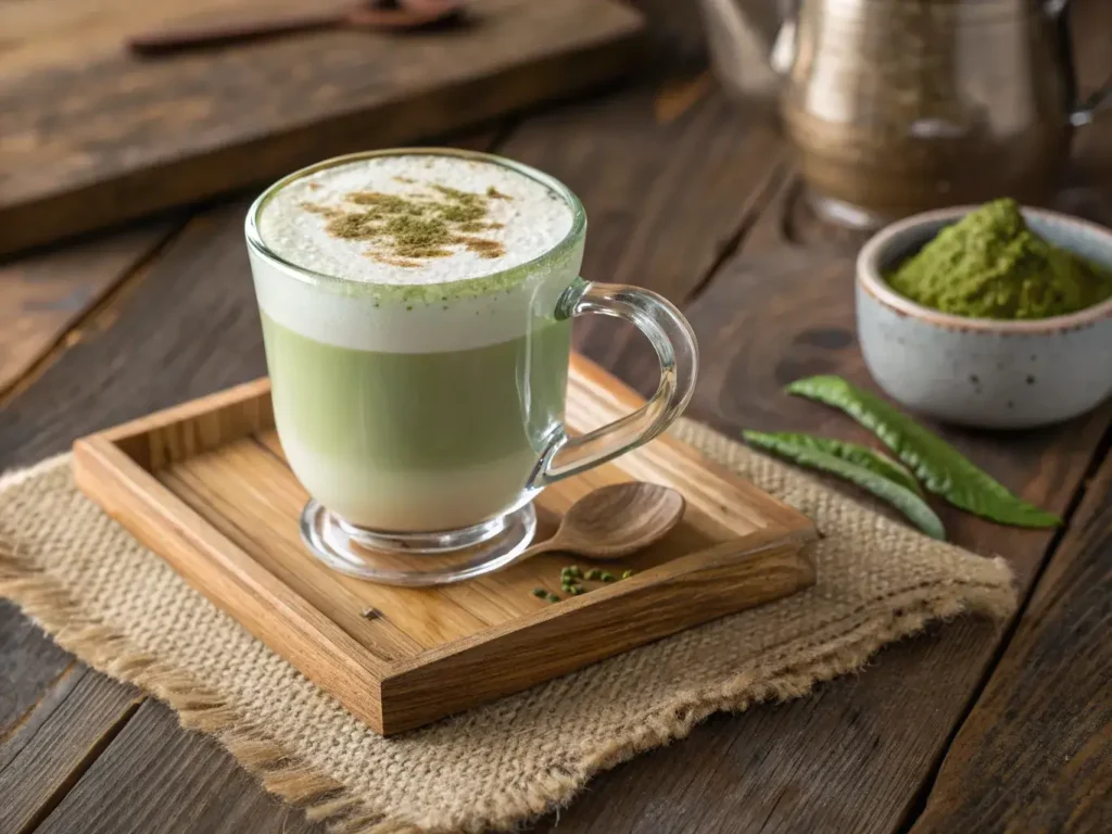 matcha earl grey latte with frothy milk