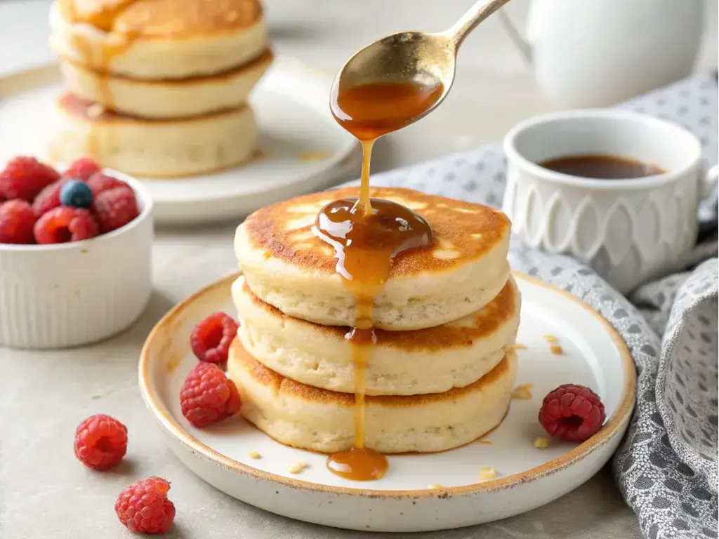 miso caramel dripping over gluten-free pancakes
