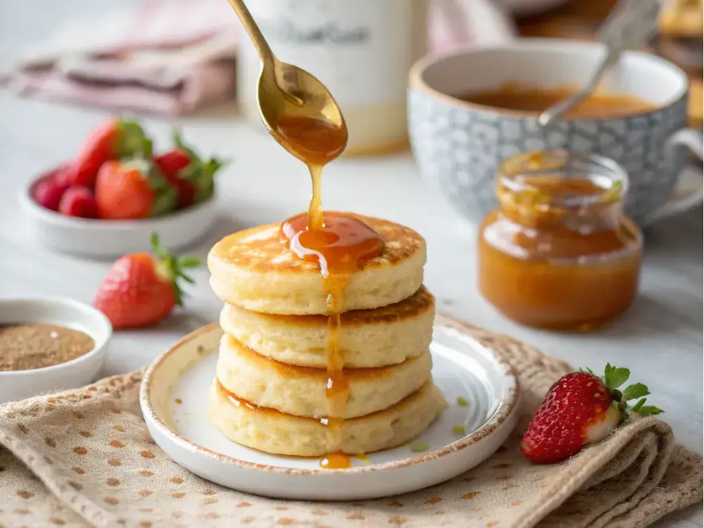 miso caramel dripping over gluten-free pancakes