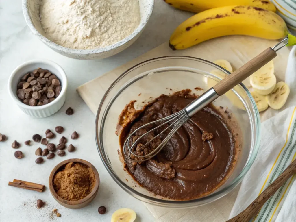 Preparing healthy cosmic brownie batter with banana and oat flour
