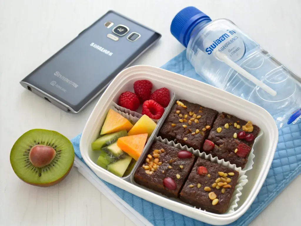 School-safe healthy cosmic brownies in lunchbox with fruit