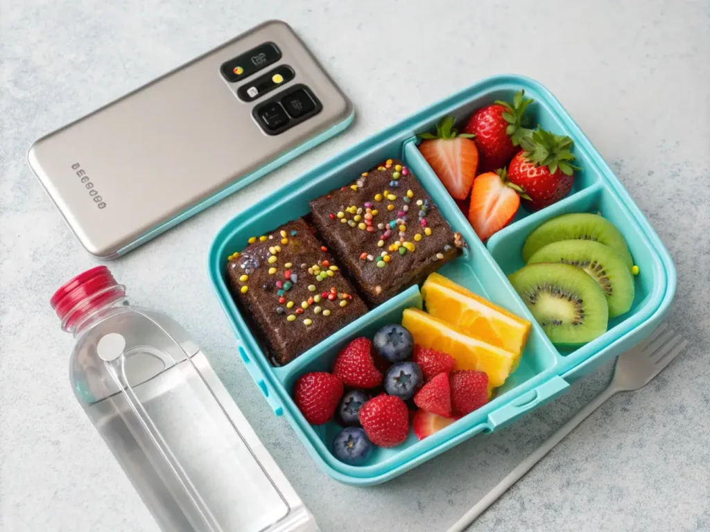 School-safe healthy cosmic brownies in lunchbox with fruit