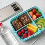 School-safe healthy cosmic brownies in lunchbox with fruit