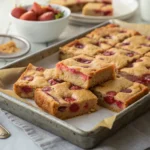 chewy strawberry blondies stacked on parchment