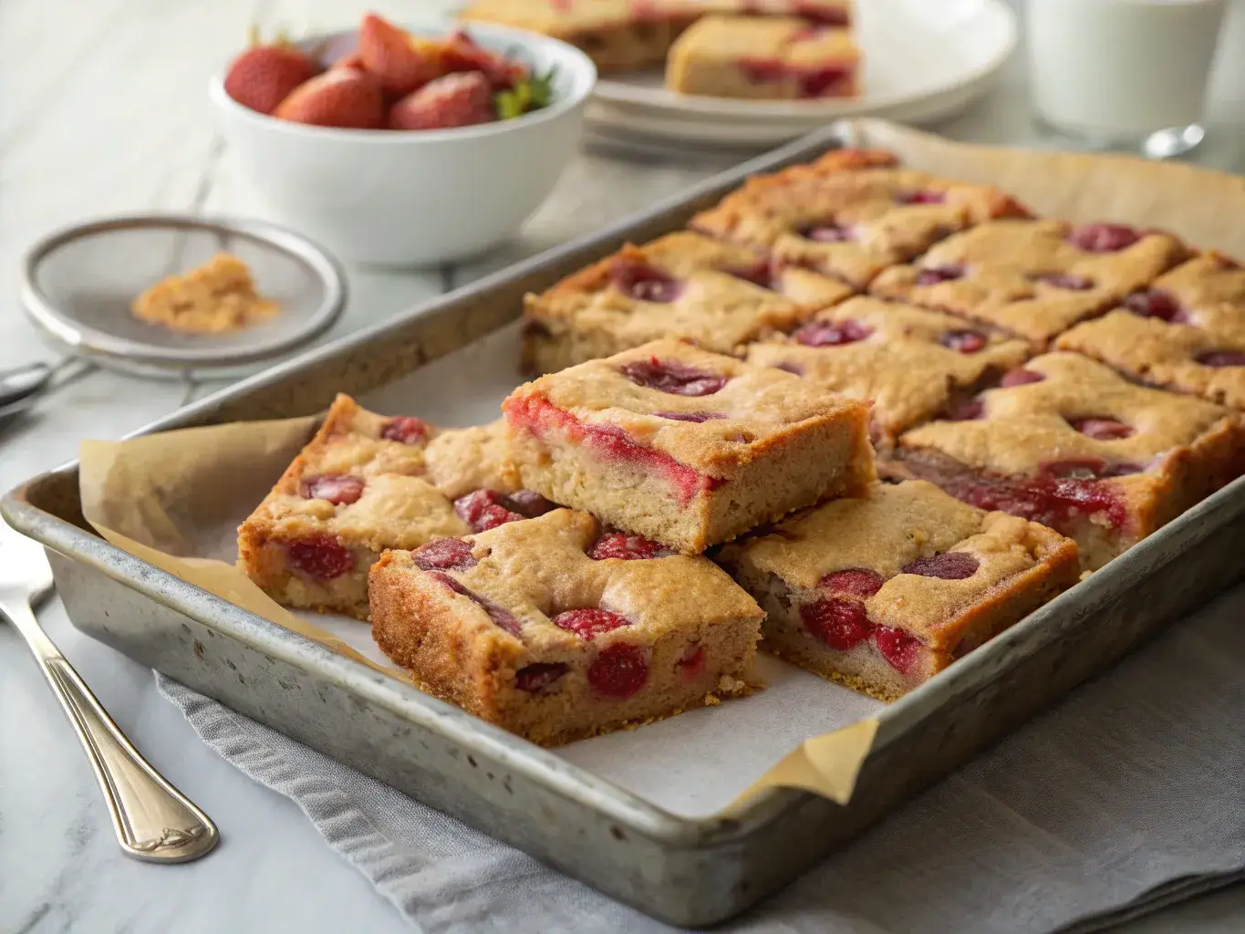 chewy strawberry blondies stacked on parchment