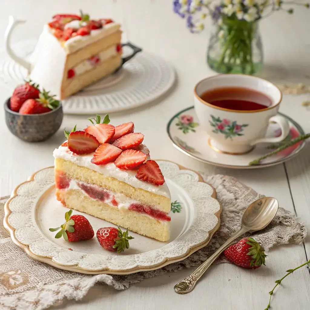 Strawberry dream cake slice served with tea