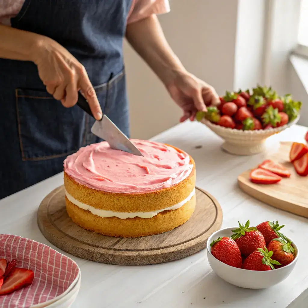 frosting strawberry dream cake with pink swirl