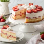 sliced strawberry dream cake on stand